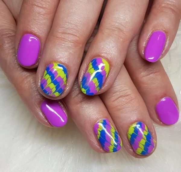 Purple, green and blue tones combine in this look by Vonny Tuckley 