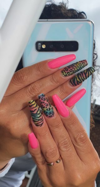 Lianne Uddin
"Leopard print is like my statement print everyone associates it with me, I've done it colourful, matte and raised like winter sweater to represent my bubbly character and the bright pink is my favourite colour it always makes me smile, I absolutely love this set I've been wearing during lockdown its fun, summery and just me. It also shows off my lockdown tan a treat."