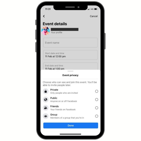 Selecting the event's privacy