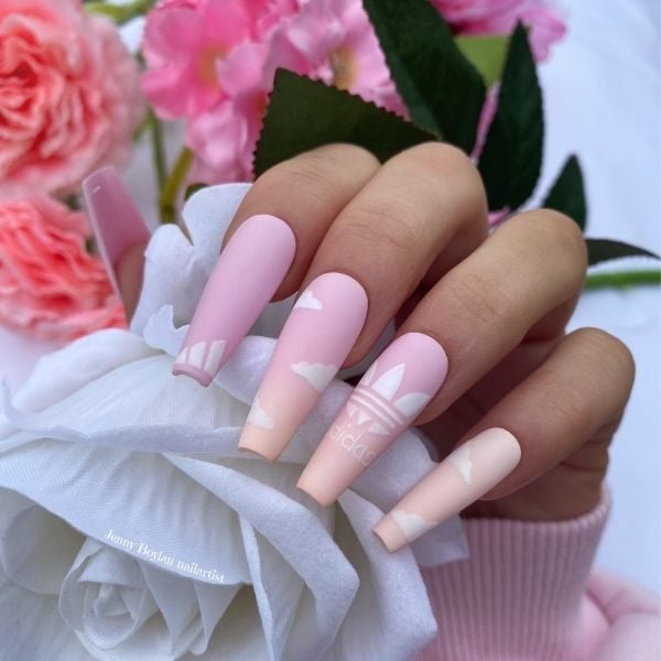 jenny boylan pastel pink and white adidas nails