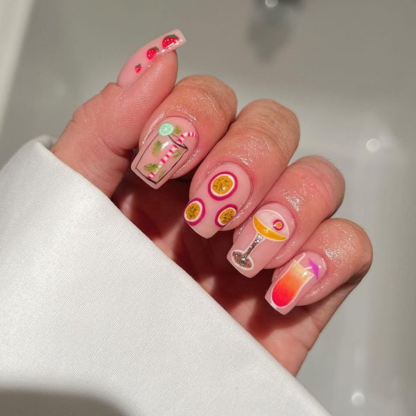 @em_nailedit paints a Strawberry Daiquiri, Mojito, 2 Pornstar Martinis and a Tequila Sunset