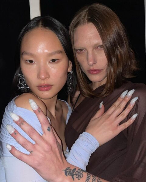 Juan Alvear headed nails for Dion Lee, creating white woodlouse-inspired styles for models using CND™. Image: @byjuanalvear