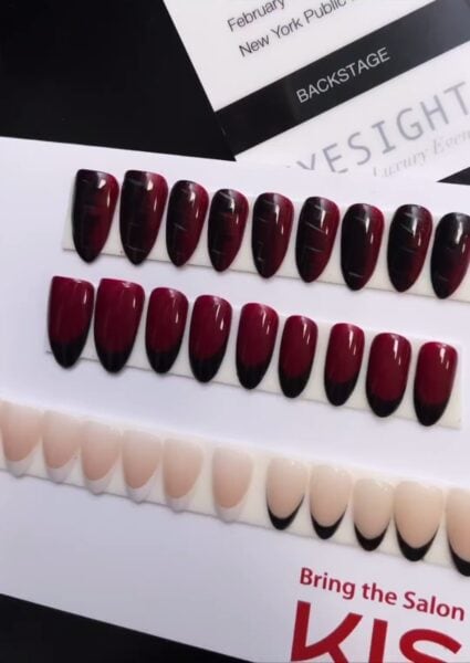 Kiss brand ambassador, Gina Edwards, headed the nails for the PatBO show. French manicures dominated, with a traditional style and black-tipped looks with nude and burgundy bases being worn. Image: @ginaedwards_