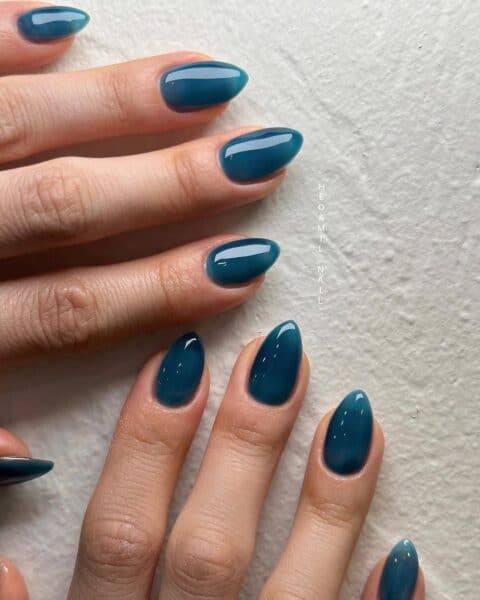 A navy sheer hue makes for an eye-catching style by @heojinhee_nail.