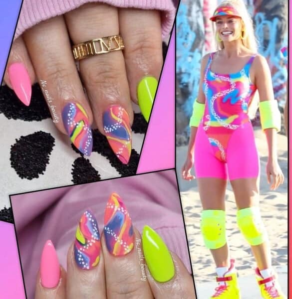 Nails by Nicci Coleman, inspired by Margot Robbie's skater outfit in the Barbie movie.